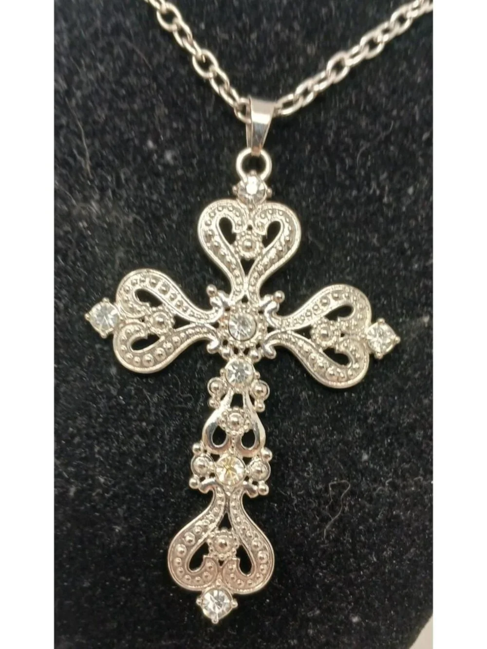 SilverTone Filigree Cross W/ Hearts Necklace Clear Rhinestones Statement 32" #J1 - Picture 6 of 6